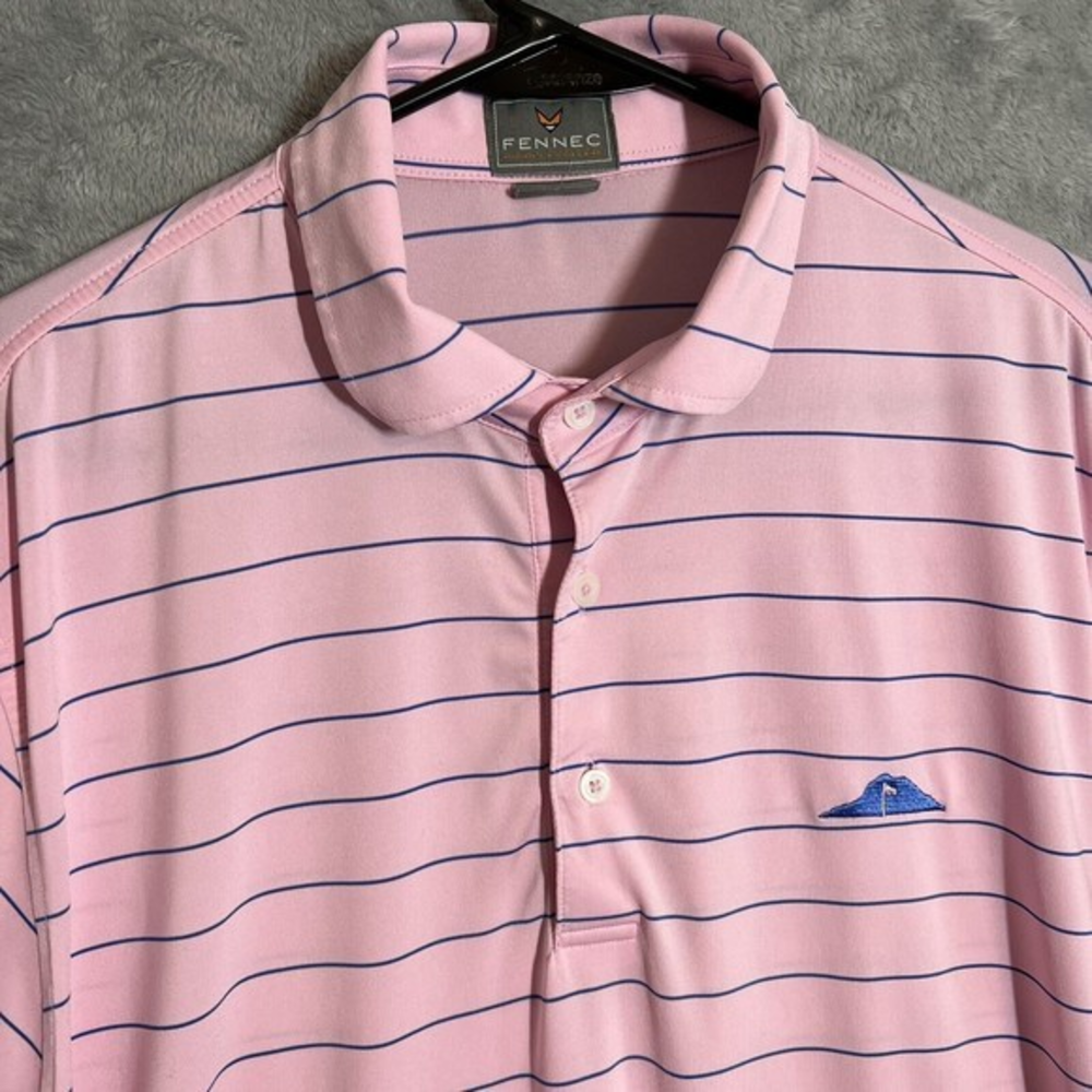 Fennec Polo Golf Shirt Men Medium Pink Blue Stripe Wicking Stretch‎ Short Sleeve